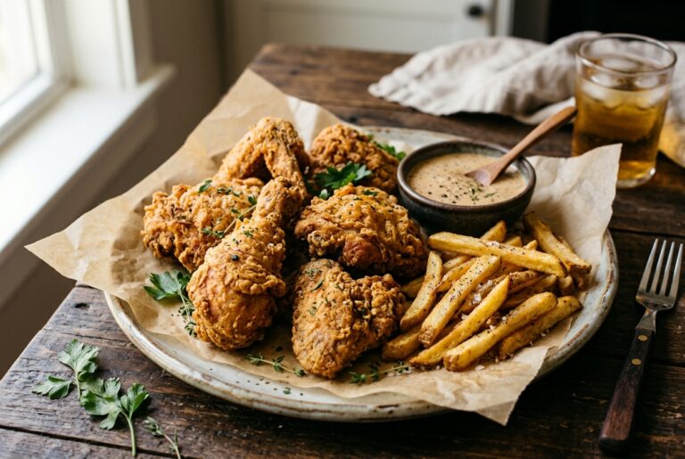 Τραγανό σπιτικό κοτόπουλο τύπου KFC με χρυσαφένια κρούστα και πατάτες